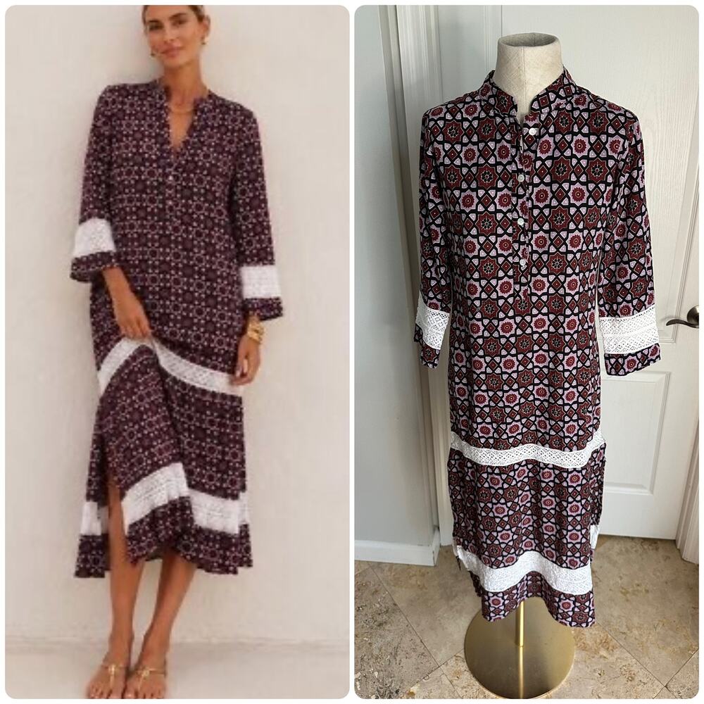 Julia Amory Block Print Midi Caftan Dress with Lace Inserts-Burgundy/Black Sz XS